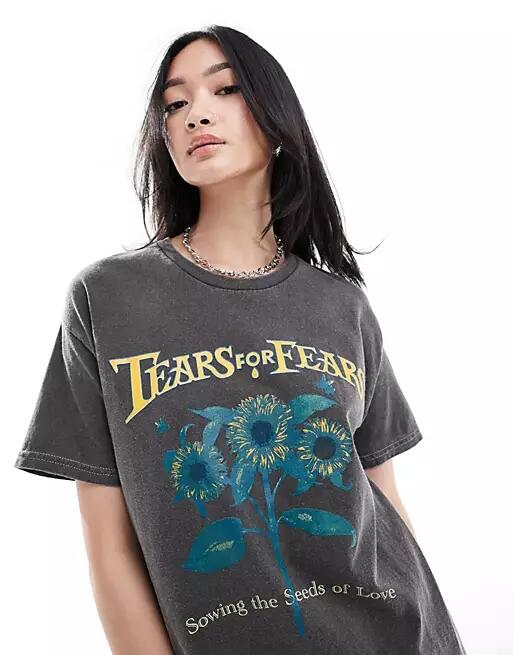 Daisy Street relaxed T-shirt with Tears For Fears sunflower graphic in charcoal-Gray Cover