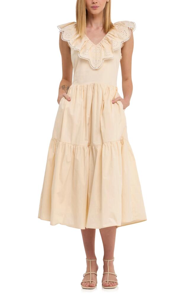 English Factory Ruffle Yoke Tiered Hem Midi Dress in Beige Cover