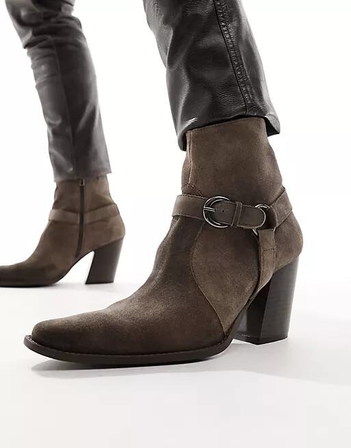 ASOS DESIGN heeled boot in brown suede with buckle detail Cover