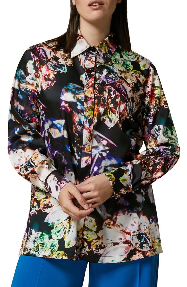 Marina Rinaldi Print Satin Button-Up Shirt in Black Jewel Cover