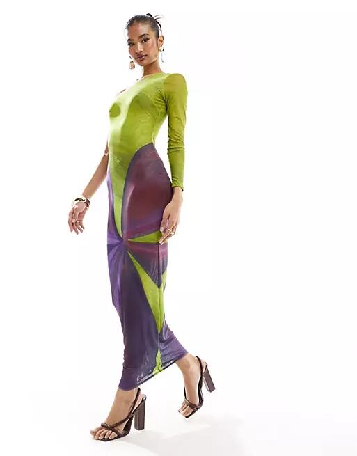 Farai London Nyx mesh one shoulder bodycon maxi dress in purple and lime flower-Multi Cover