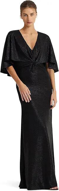 Lauren Ralph Lauren Metallic Knit Twist-Front Cape Gown (Black) Women's Dress Cover