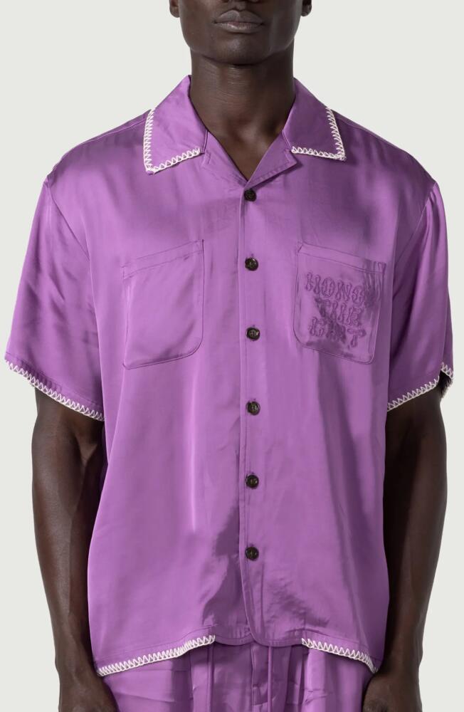 HONOR THE GIFT Blanket Stitch Oversize Camp Shirt in Purple Cover