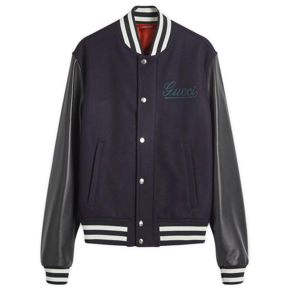 Gucci Men's Wool & Leather Varsity Jacket in Navy Cover