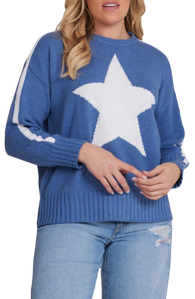 MINNIE ROSE Star Cotton & Cashmere Crewneck Sweater in Harbour Blue/White Cover