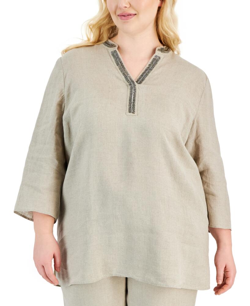 Charter Club Plus Size 100% Linen Embellished Tunic, Created for Macy's - Flax Combo Cover