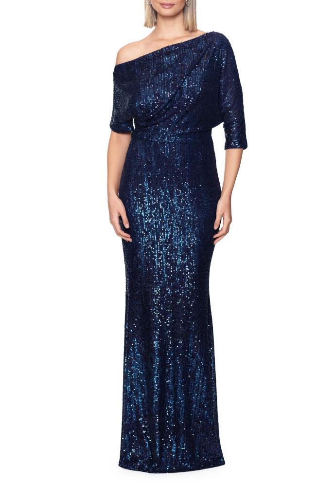 Betsy & Adam Sequin One-Shoulder Gown in Navy Cover