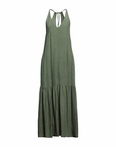 120% Lino Woman Maxi dress Military green Linen, Cotton Cover