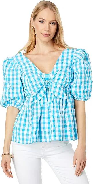 Lilly Pulitzer Sarafina Short Sleeve Gingham (Turquoise Oasis Crinkle Gingham) Women's Clothing Cover