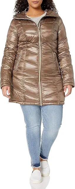 Calvin Klein Women's Hooded Chevron Packable Down Jacket (Standard and Plus) (Shine Taupe) Women's Coat Cover