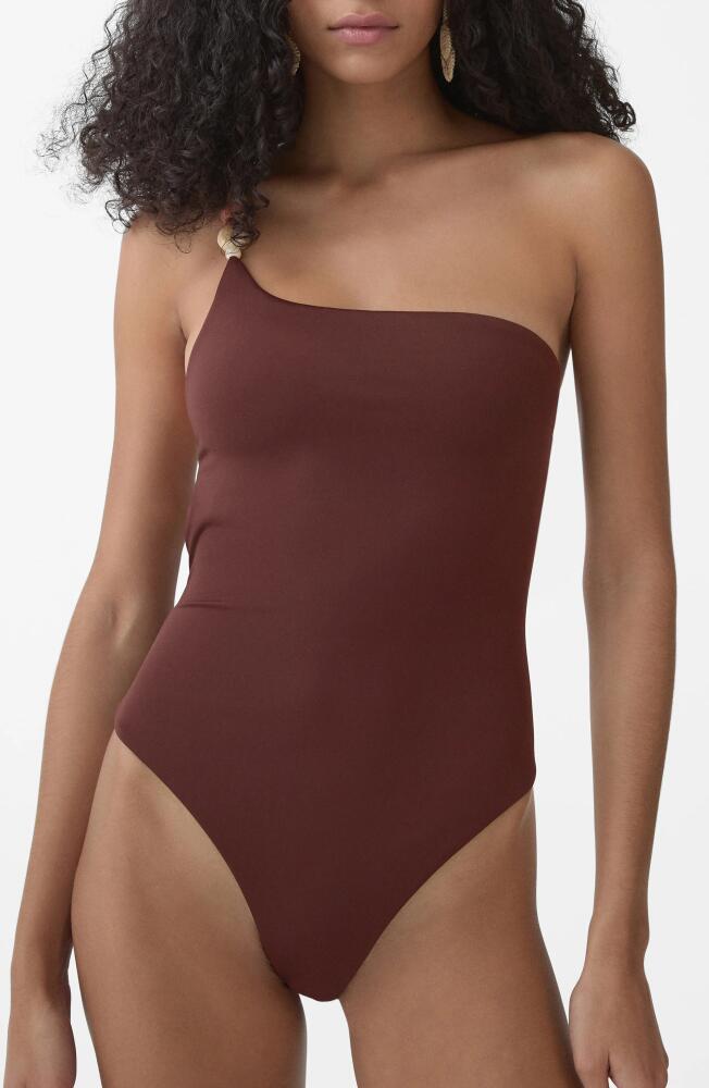 MANGO Milena Strappy One-Shoulder One-Piece Swimsuit in Dark Brown Cover