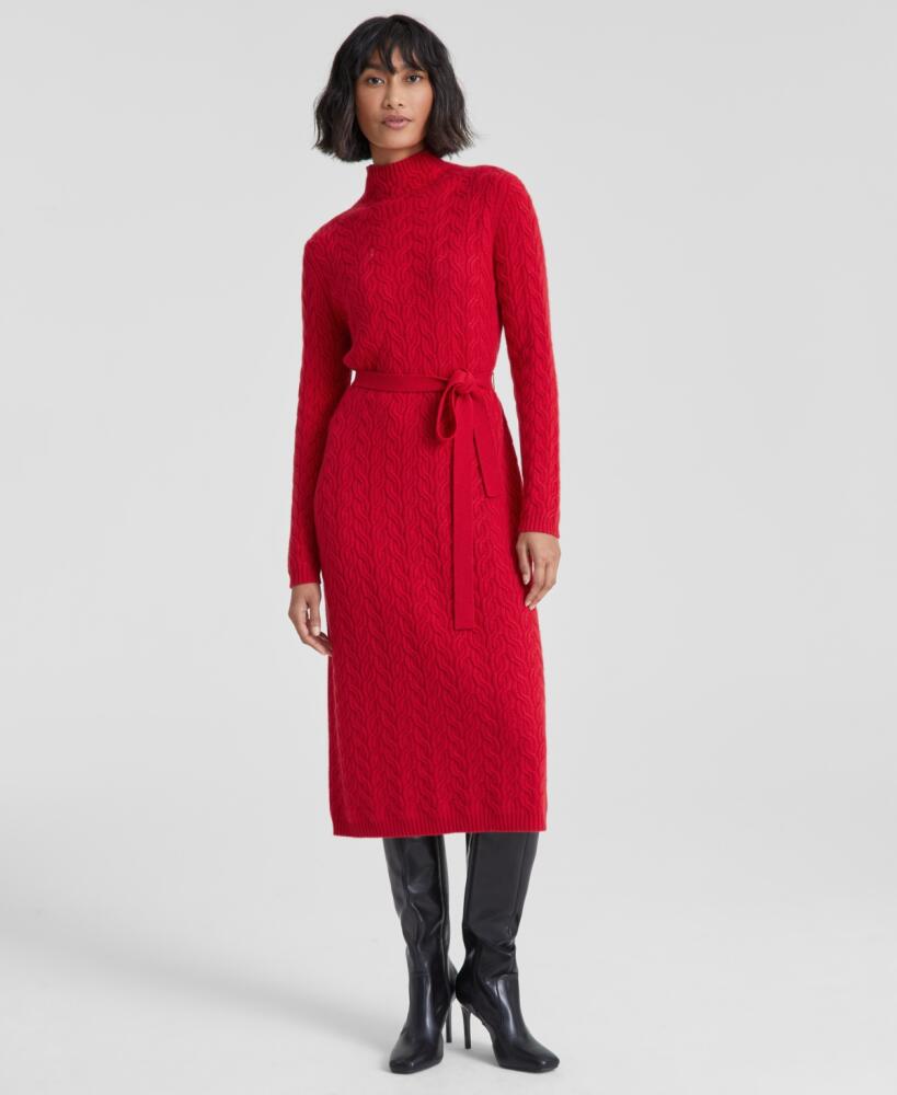 Charter Club Women's Cashmere Cable-Knit Mock Neck Midi Dress, Created for Macy's - Red Polish Cover