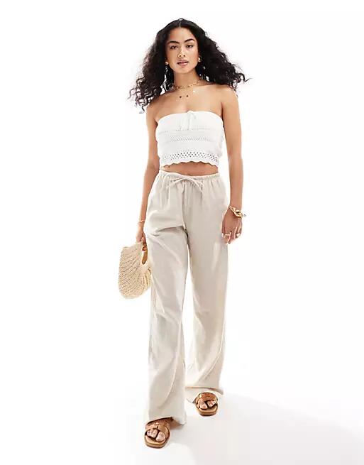 Bershka tie waist wide leg linen pants in sand-Neutral Cover