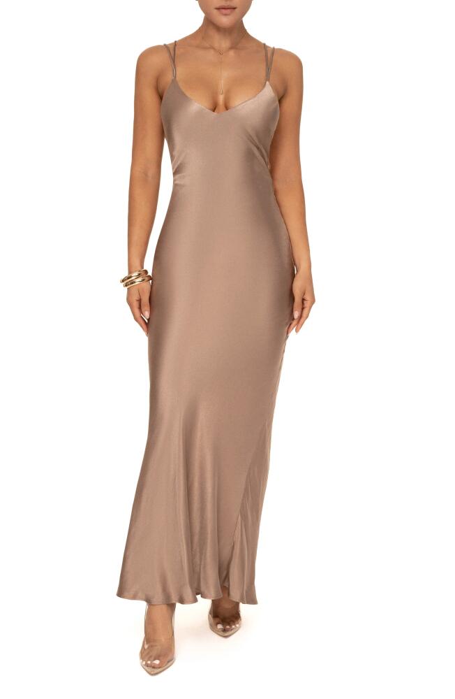 JLUXLABEL Promise of Love Strappy Back Satin Gown in Brown Cover