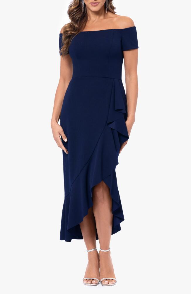 Xscape Evenings Off the Shoulder Midi Cocktail Dress in Navy Cover