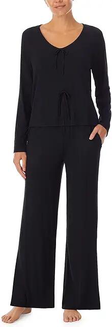 Sanctuary Faux Tie Long Sleeve Top and Side Slit Pants (Black) Women's Pajama Sets Cover