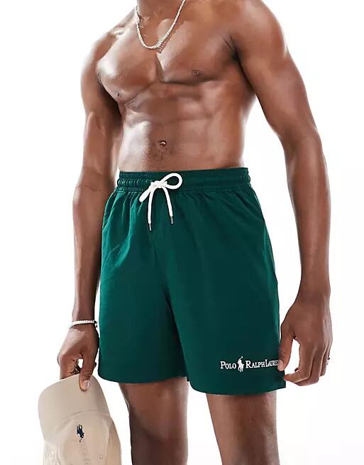 Polo Ralph Lauren Traveler script logo longer length swim shorts in mid green Cover