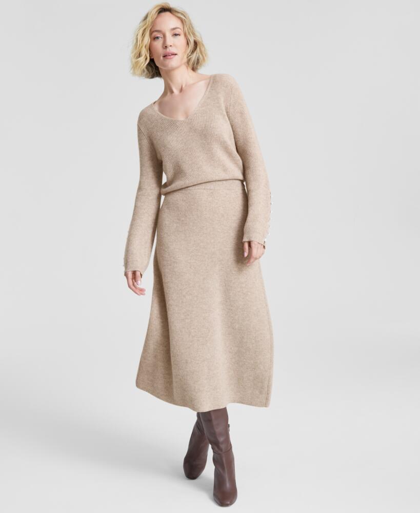 Charter Club Women's Cashmere A-Line Shaker Midi Skirt, Created for Macy's - Pearl Taupe Heather Cover