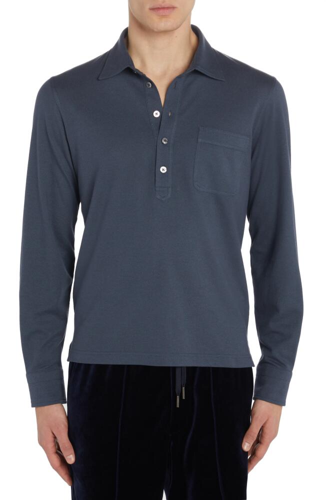 TOM FORD Long Sleeve Silk & Cotton Piqué Pocket Polo in Dark Blue Cover