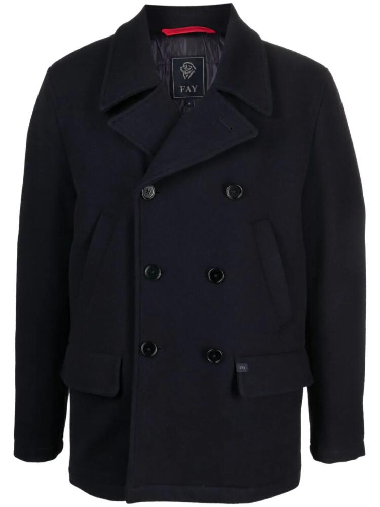 Fay logo-patch long-sleeved peacoat - Blue Cover