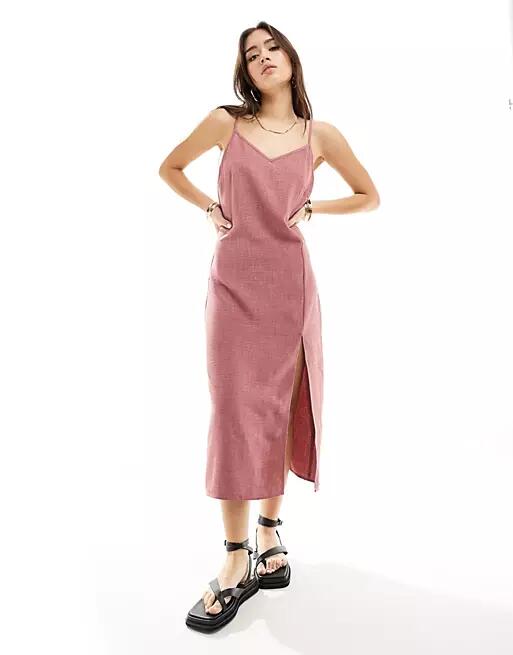 Vila linen touch cami midi dress with slit front in dusky pink Cover