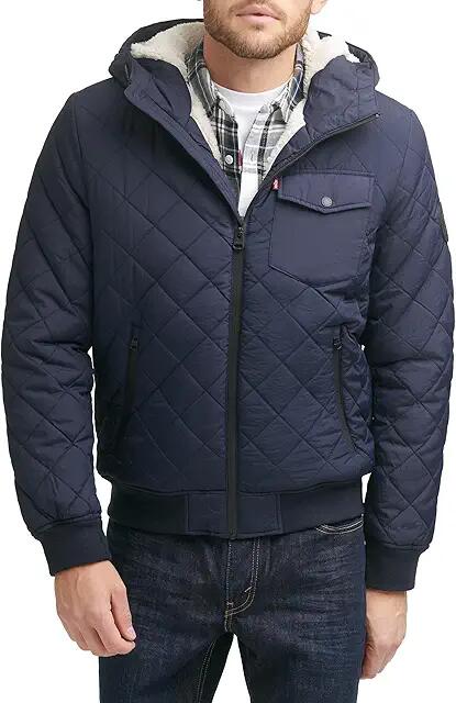 Levi's(r) Diamond Quilted Bomber with Sherpa Lined Hood (Navy) Men's Clothing Cover