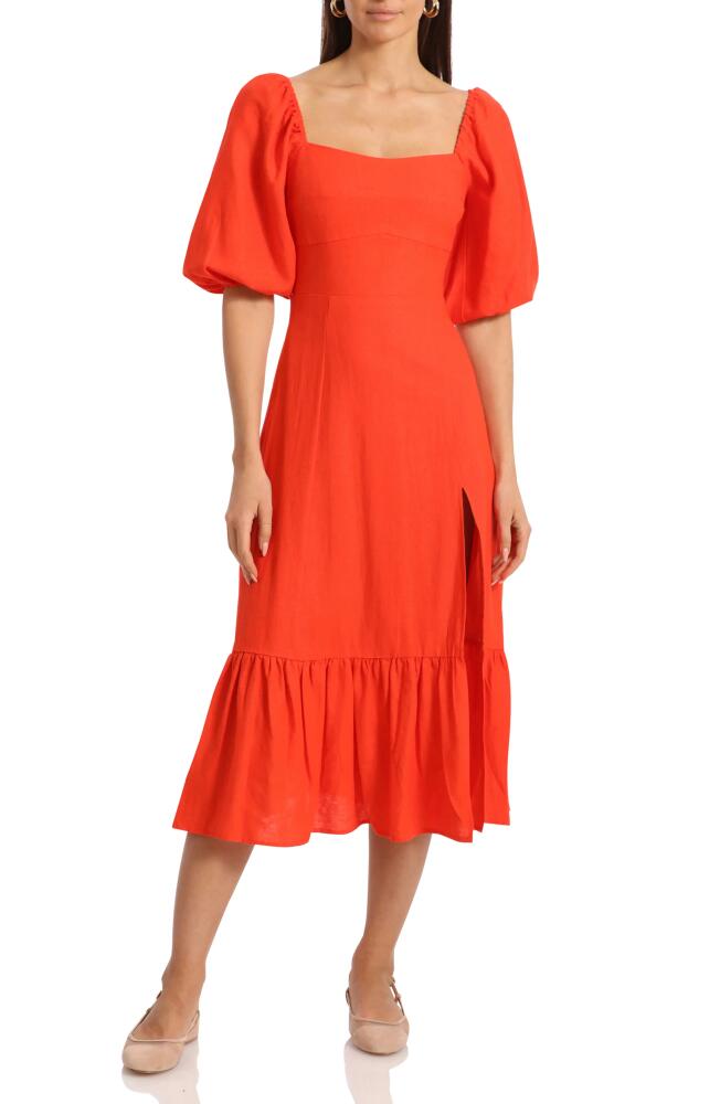 Avec Les Filles Puff Sleeve Midi Dress in Orange Coral Cover