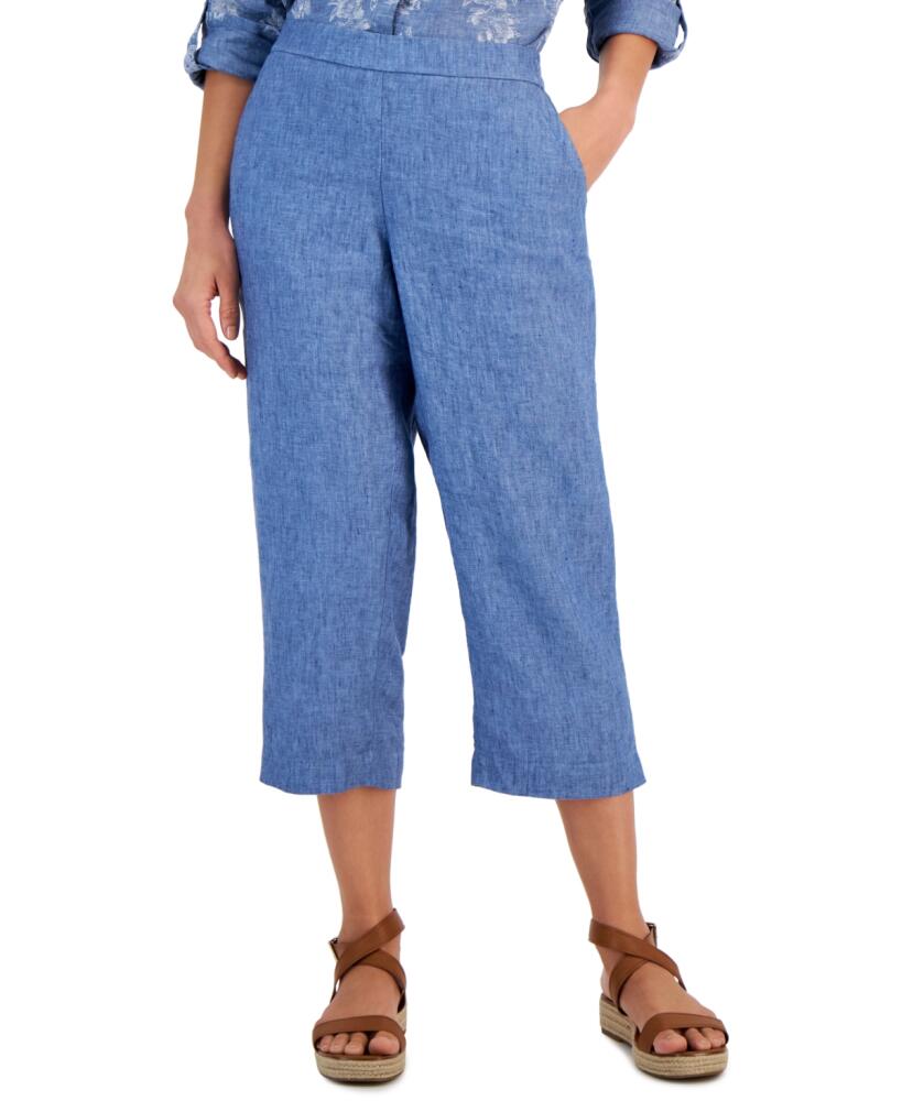 Charter Club Women's 100% Linen Solid Cropped Pull-On Pants, Created for Macy's - Blue Ocean Cover