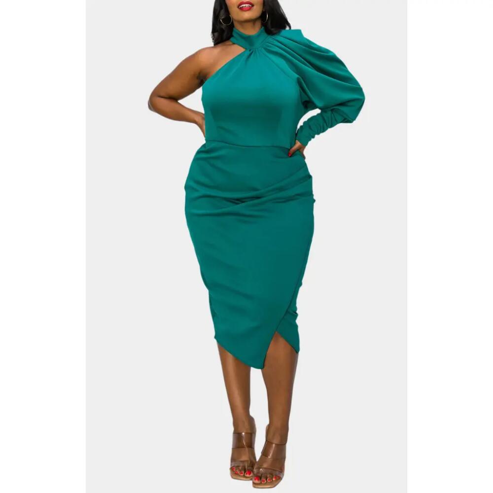 L I V D Gigi One-Shoulder Long Sleeve Midi Dress in Emerald Cover