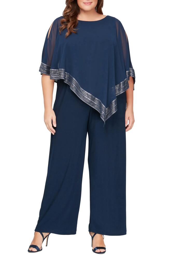 SL FASHIONS Foil Trim Asymmetric Popover Jumpsuit in Navy Cover