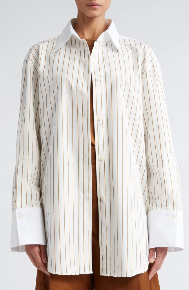 Róhe Reimagined Cotton Banker Shirt in Caramel Stripe Cover