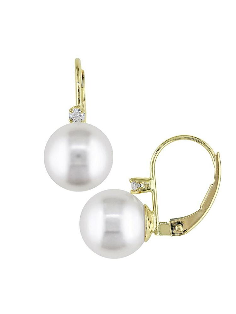 Sonatina Women's 14K Yellow Gold, 9-9.5MM White Round Freshwater Cultured Pearl & Diamond Earrings Cover