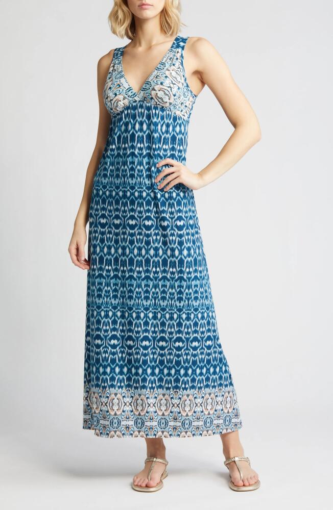 Loveappella Border Print Sleeveless Jersey Maxi Dress in Teal Cover