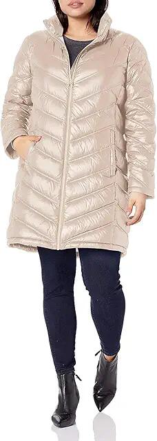 Calvin Klein Women's Hooded Chevron Packable Down Jacket (Standard and Plus) (Pearlized Cappuccino) Women's Coat Cover