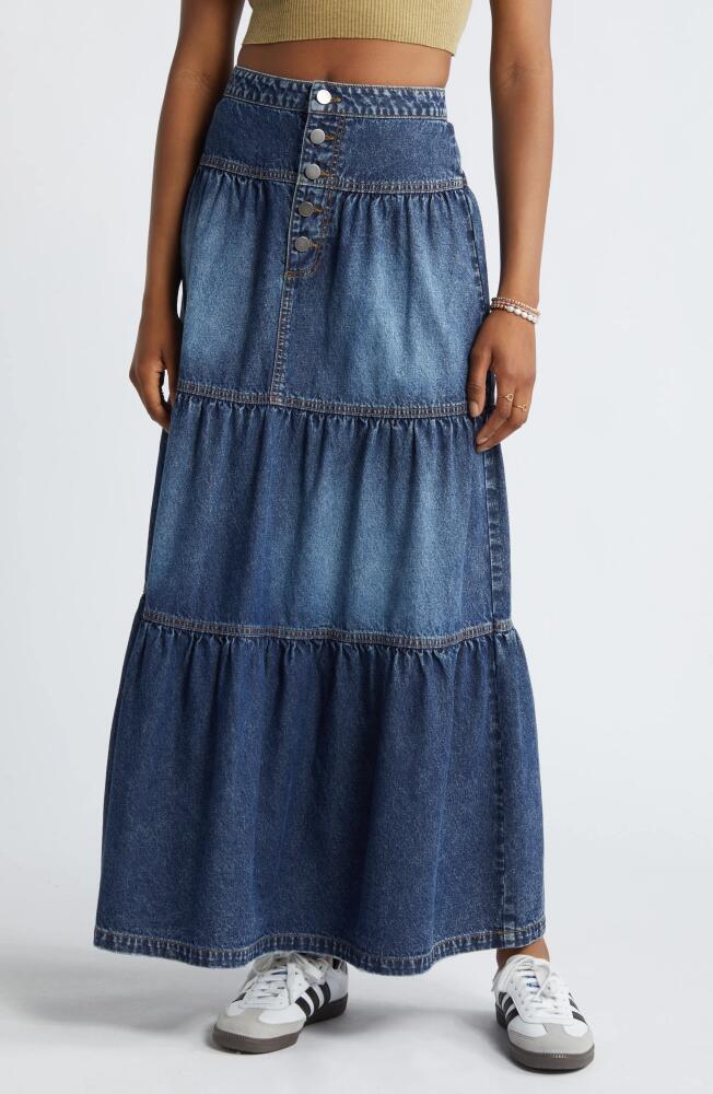 BP. Tiered Denim Maxi Skirt in Medium Wash Cover