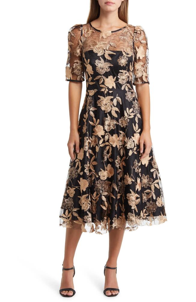 Eliza J Floral Embroidery Midi Cocktail Dress in Black Carame Cover