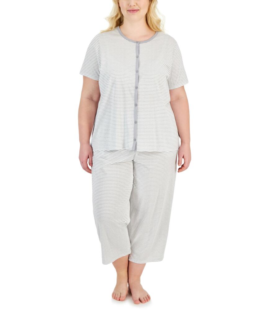 Charter Club Plus Size 2-Pc. Cotton Cropped Pajamas Set, Created for Macy's - Heather Feeder Stripe Cover