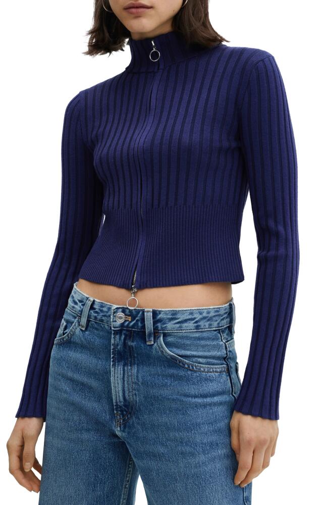 MANGO Zip Front Rib Crop Cardigan in Blue Cover