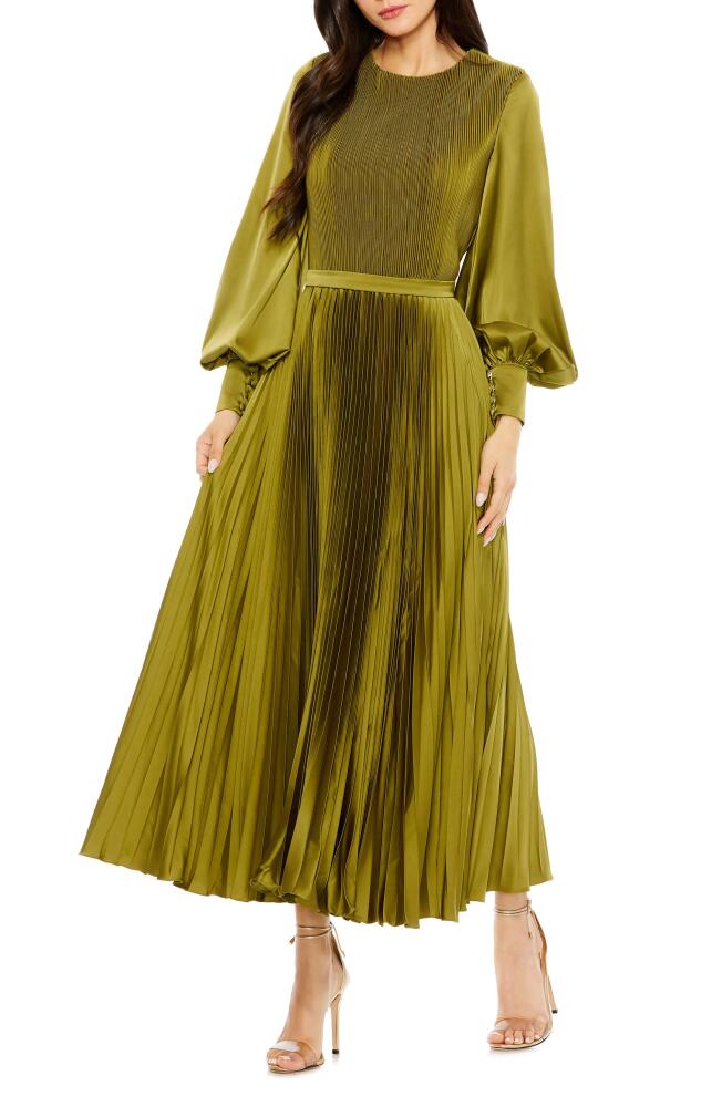 Mac Duggal Long Sleeve Pleated Satin Cocktail Midi Dress in Olive Cover