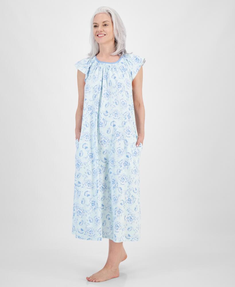 Charter Club Women's Cotton Smocked-Neck Nightgown, Created for Macy's - Floral Shell Blue Cover