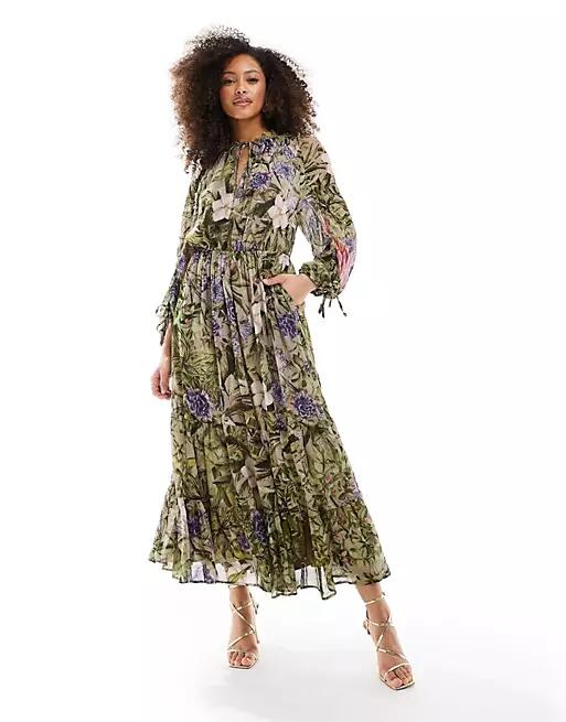 & Other Stories drapey midaxi dress with ruched tie volume sleeves and tiered hem in floral leaf print-Multi Cover