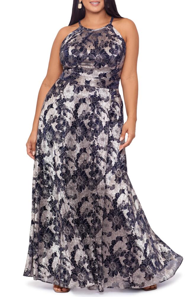 Betsy & Adam Metallic Floral Gown in Navy/Gunmetal Cover