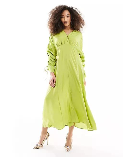 & Other Stories drapey midaxi dress with ruche tie volume sleeves in green Cover