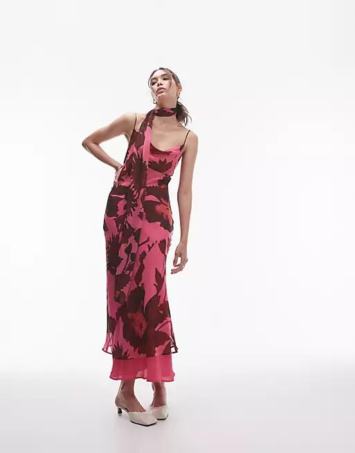 Topshop chiffon cowl slip midi dress in pink oversized floral print with scarf Cover