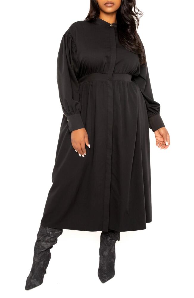 BUXOM COUTURE Back Waist Cutout Long Sleeve Midi Shirtdress in Black Cover