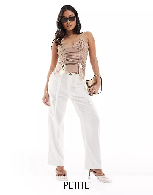 ONLY Petite linen mix loose fit cargo pants in white Cover