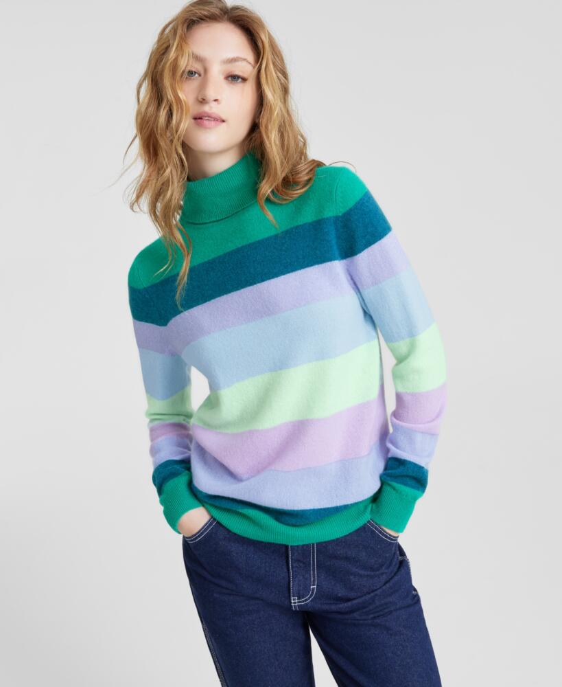 Charter Club Women's Striped 100% Cashmere Turtleneck Sweater, Created for Macy's - Peacock Green Combo Cover