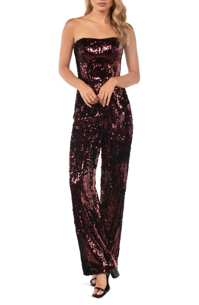 Dress the Population Andy Sequin Strapless Jumpsuit in Port Cover