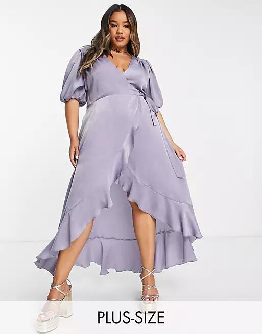 Flounce London Plus puff sleeve maxi wrap dress in light blue satin Cover