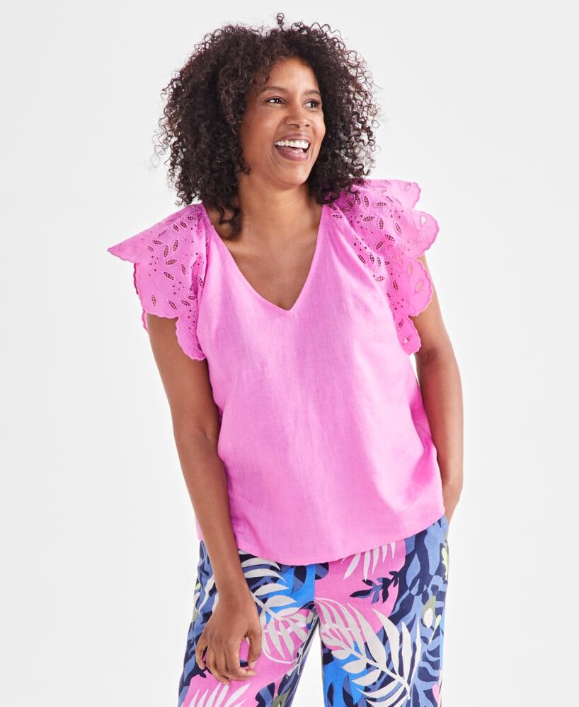 Charter Club Women's 100% Linen Flutter Eyelet-Sleeve Top, Created for Macy's - Phlox Pink Cover